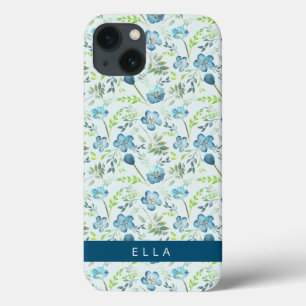 Elegant Boho Blue Green Watercolor Flowers Name Ca iPhone 13 Case