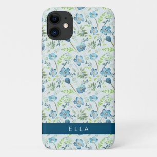 Elegant Boho Blue Green Watercolor Flowers Name iPhone 11 Case