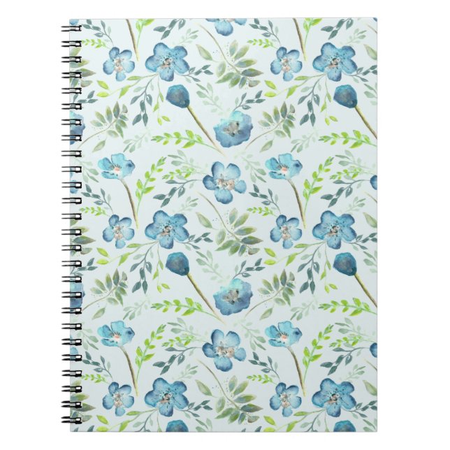 Elegant Boho Blue Green Watercolor Flowers Notebook (Front)
