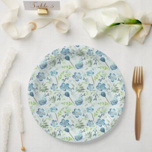 Elegant Boho Blue Green Watercolor Flowers Paper Plate