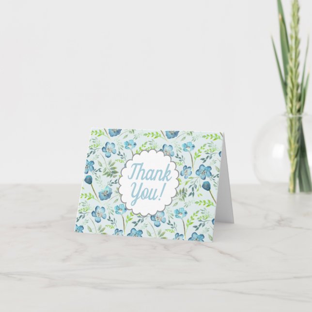 Elegant Boho Blue Green Watercolor Flowers Thank You Card (Front)
