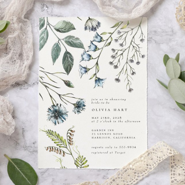 Elegant Boho Blue Green Wildflower Bridal Shower Invitation (Creator Uploaded)