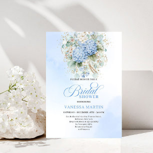 Elegant Boho Blue Hydrangea Gold Bridal Invitation