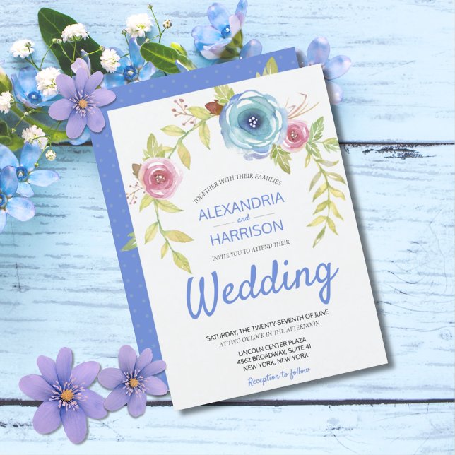 Elegant Boho Blue Pink Rose Floral Arch Wedding Invitation (Elegant Boho Blue Pink Rose Floral Wedding Invitation)