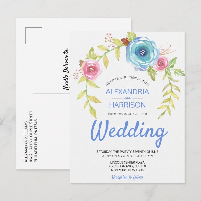 Elegant Boho Blue Rose Floral Arch Wedding Invite (Front/Back)