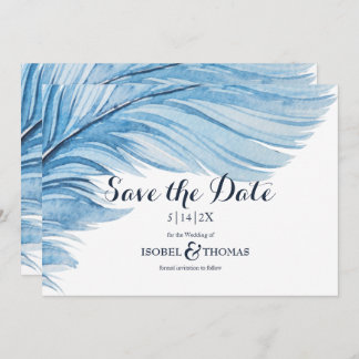 Elegant Boho Blue Watercolor Abstract Feather Save The Date