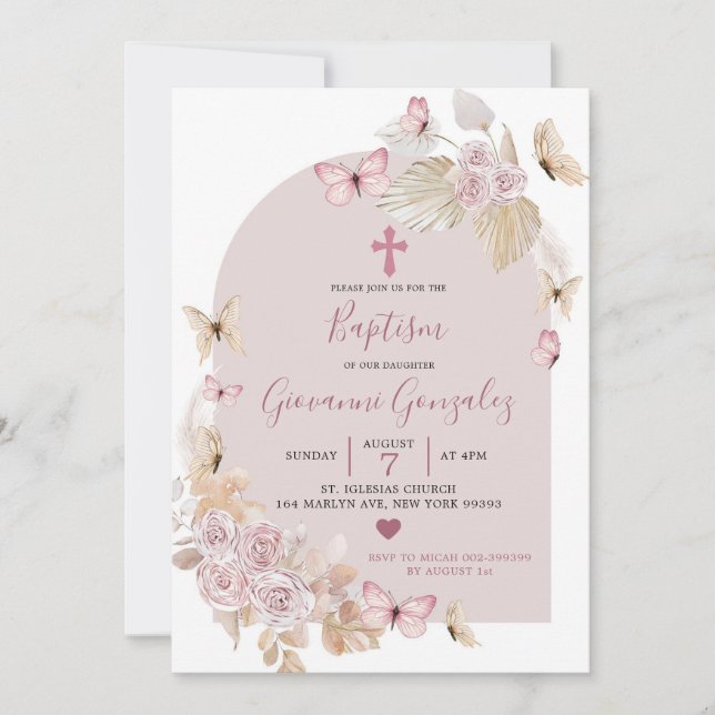 Elegant Boho Blush Butterfly Baptism Invitation (Front)