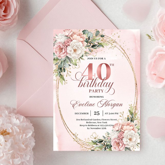 Elegant Boho Blush Floral 40th Birthday Invitation (Elegant Boho Blush Floral 40th Birthday Invitation)