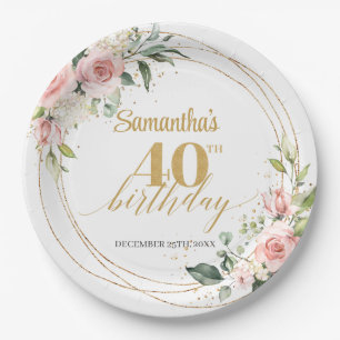 Elegant boho blush floral gold glitter birthday paper plate