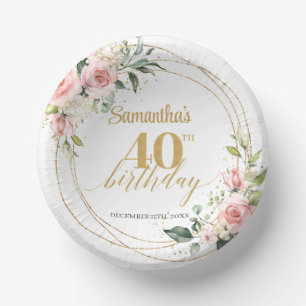 Elegant boho blush floral gold glitter birthday paper plate
