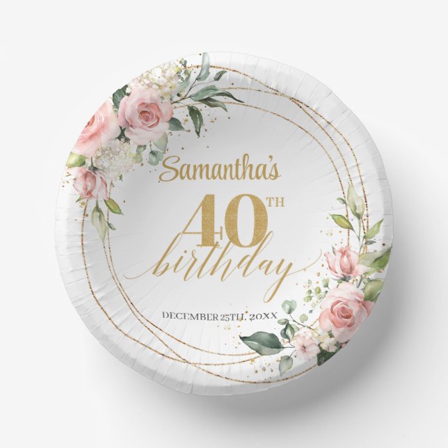 Elegant boho blush floral gold glitter birthday paper plate (Front)