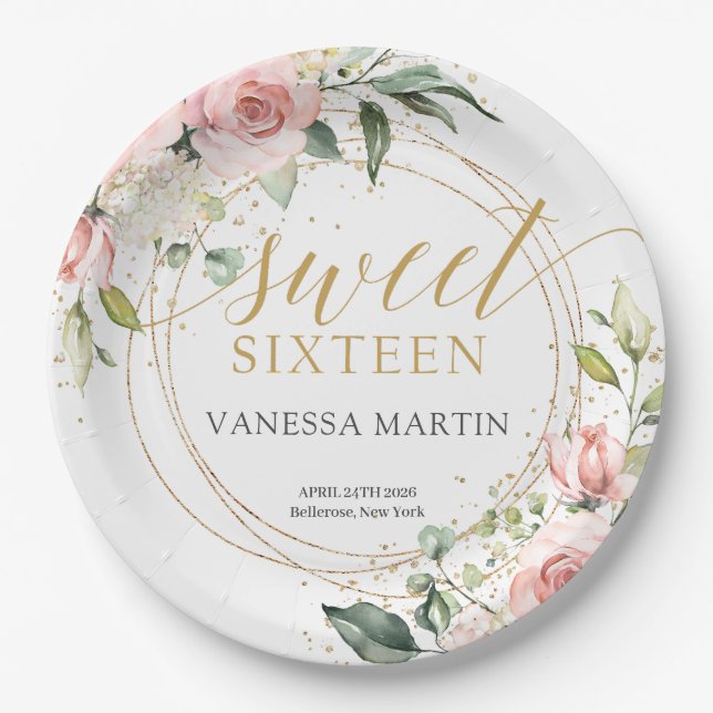 Elegant boho blush floral gold glitter sweet 16th paper plate (Front)