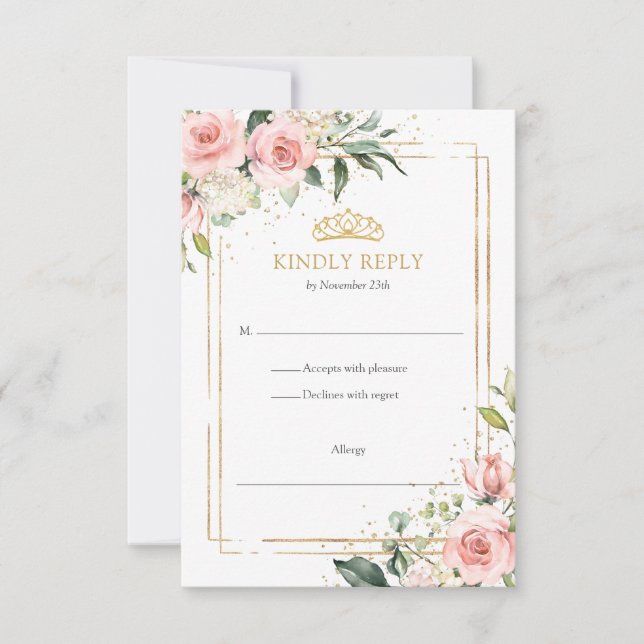 Elegant boho blush floral gold tiara Quinceanera  RSVP Card (Front)