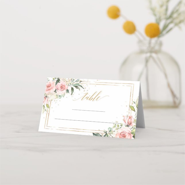 Elegant boho blush floral gold tiara sage 15th place card (Front)
