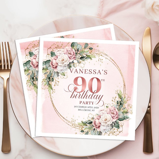 Elegant Boho Blush Pink Floral 90th Birthday Party Napkin (Elegant Blush Pink Floral 90th Birthday Party Napkins)
