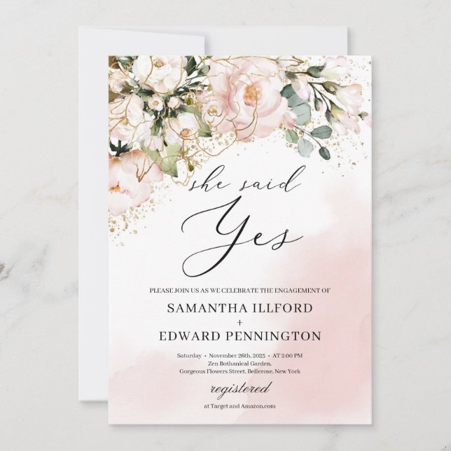 Elegant boho blush pink floral gold she said yes invitation (Front)