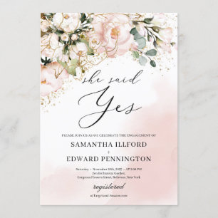 Elegant boho blush pink floral gold she said yes invitation