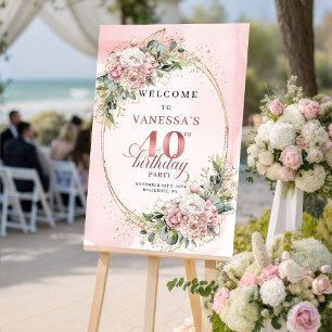 Elegant Boho Blush Pink Greenery 40th Birthday Poster