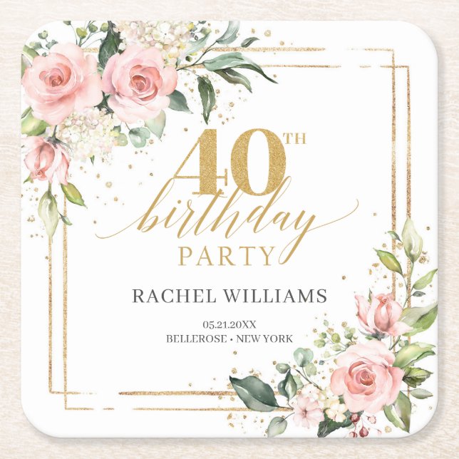Elegant boho blush pink roses 40th birthday  square paper coaster (Front)