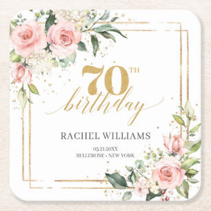 Elegant boho blush pink roses 70th birthday  square paper coaster