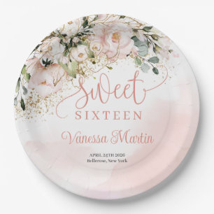 Elegant boho blush pink roses gold sweet sixteen paper plate