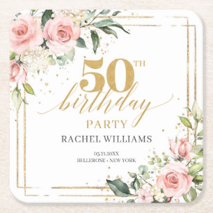 Elegant boho blush pink roses green 50th birthday  square paper coaster