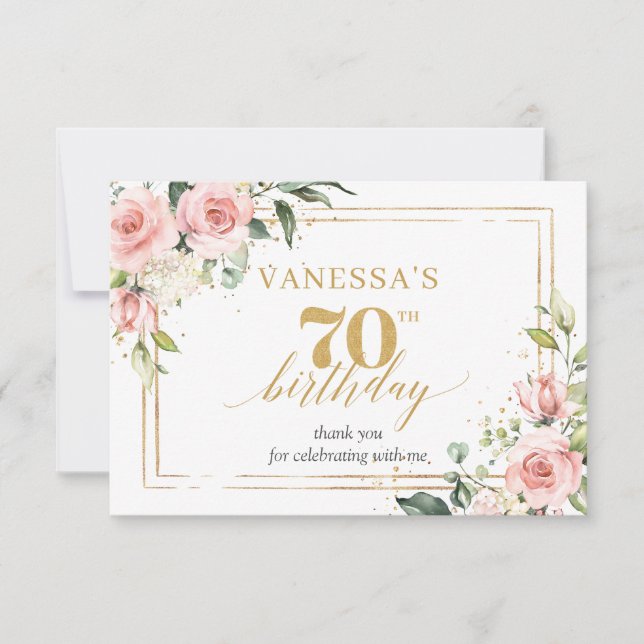 Elegant boho blush pink roses green 70th Birthday Thank You Card (Front)