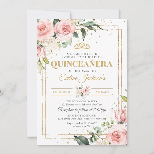 Elegant boho blush pink roses green quinceanera invitation (Front)
