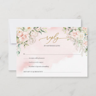 Elegant boho blush pink roses greenery and gold RSVP card