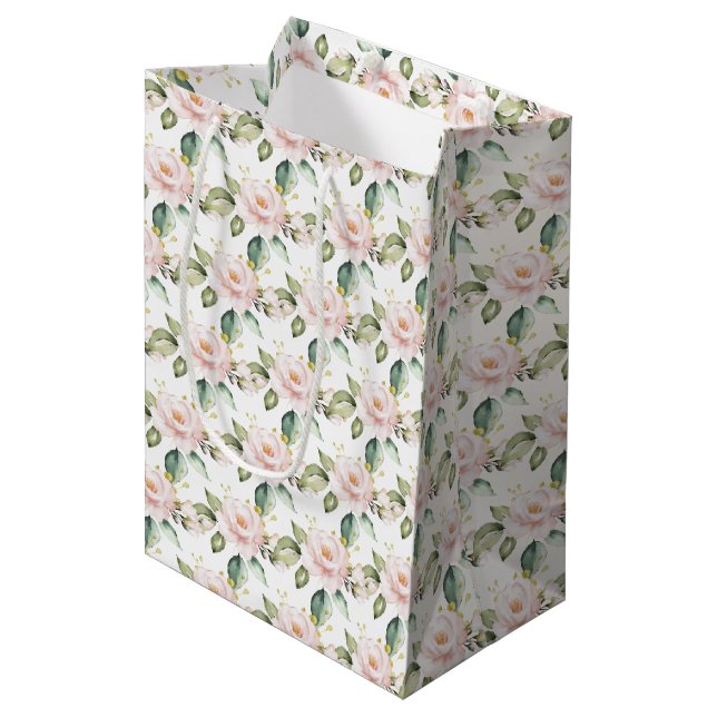 Elegant boho blush pink roses greenery gold medium gift bag (Front Angled)