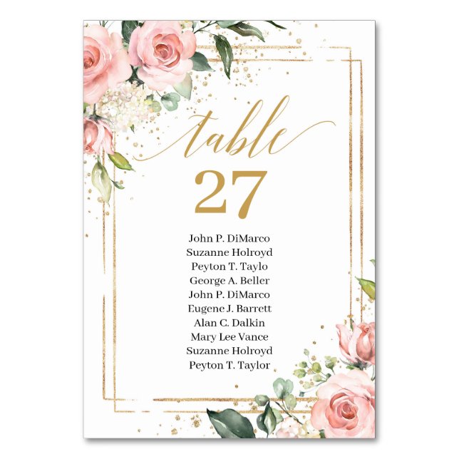 Elegant boho blush pink table number with names (Front)