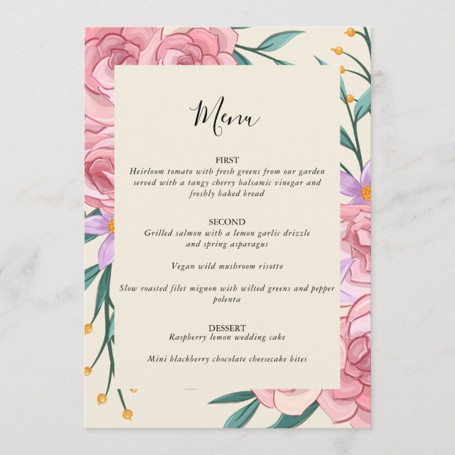 Elegant Boho Blush Pink Watercolor Floral Wedding  Menu (Front)