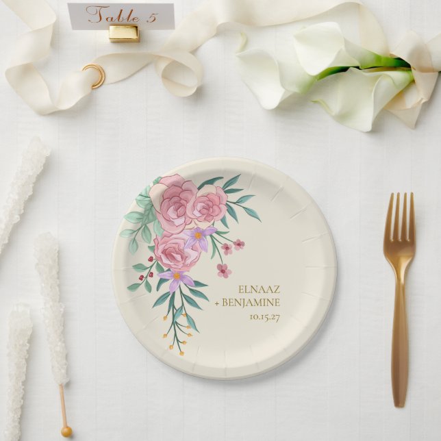 Elegant Boho Blush Pink Watercolor Floral Wedding  Paper Plate (Wedding)