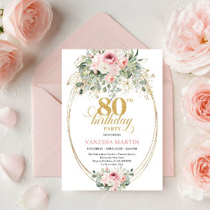 Elegant Boho Blush Roses 80th Birthday Invitation