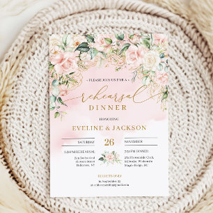 Elegant boho blush roses green gold rehearsal invitation