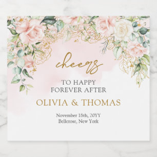 Elegant boho blush roses green gold wedding beer bottle label