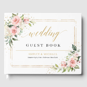 Elegant boho blush roses greenery gold wedding guest book