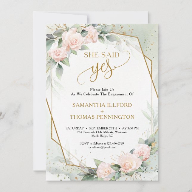 Elegant boho blush roses greenery she said yes invitation (Front)