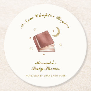 Elegant Boho Book Moon Star Baby Shower Round Paper Coaster