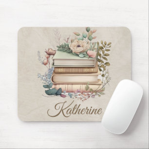 Elegant Boho Book Stack Floral  Name Mouse Mat