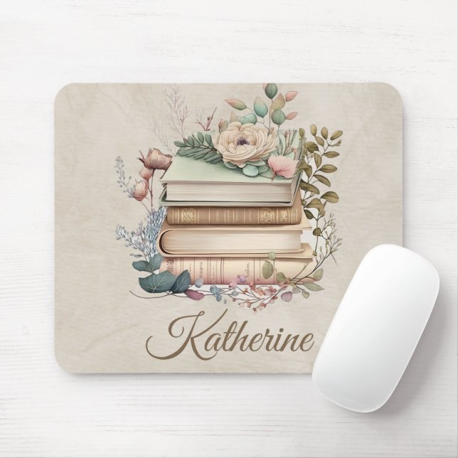 Elegant Boho Book Stack Floral  Name Mouse Mat (With Mouse)