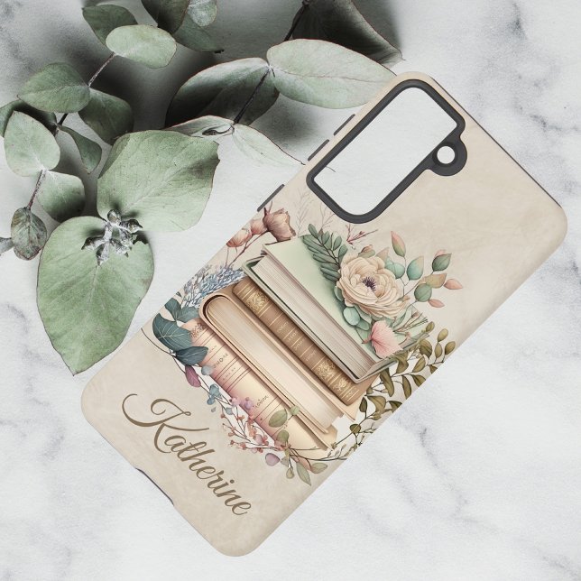 Elegant Boho Book Stack Floral  Name Samsung Galaxy S21 Case (Creator Uploaded)