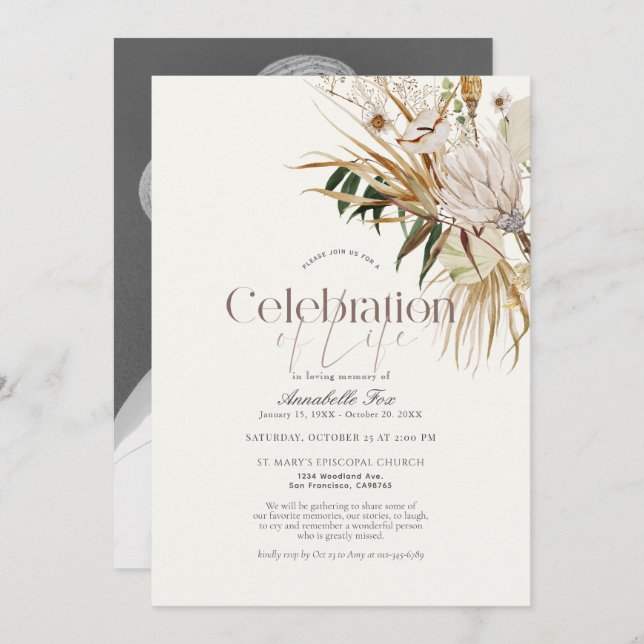 Elegant Boho Botanical Funeral Memorial Invitation (Front/Back)