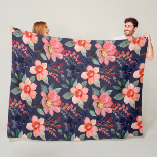 Elegant boho botanical lovely wildflowers navy fleece blanket