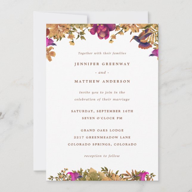 Elegant Boho Botanical Watercolor Flowers Wedding Invitation (Front)