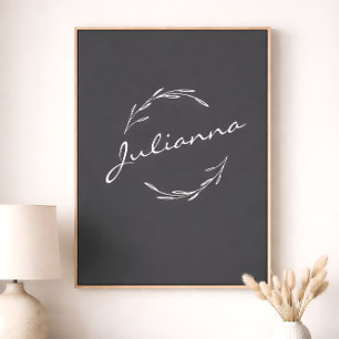 Elegant Boho Botanical Wreath in Gray Personalized Poster