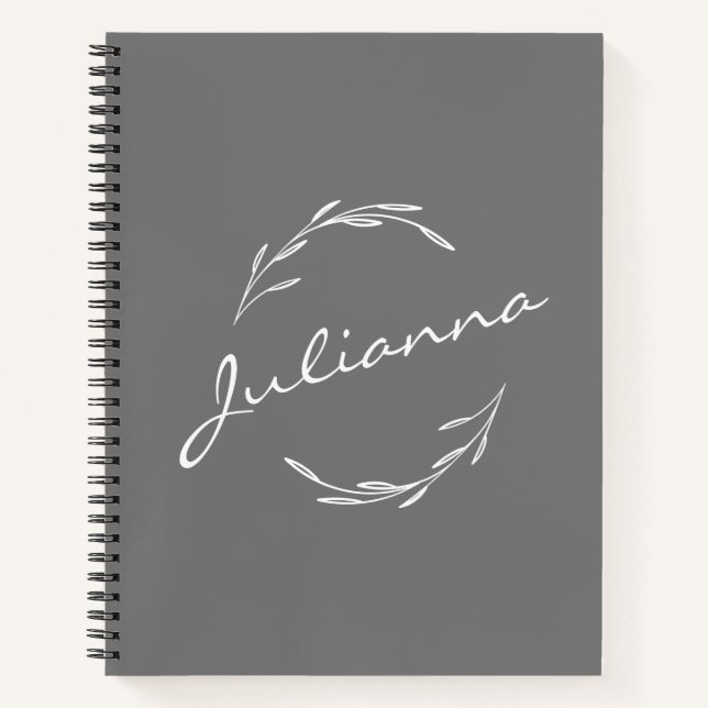 Elegant Boho Botanical Wreath in Grey Personalised Notebook (Front)