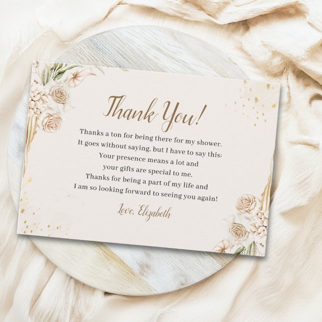Elegant Boho Bridal Shower with Beige & Yellow Flo Thank You Card (Creator Uploaded)