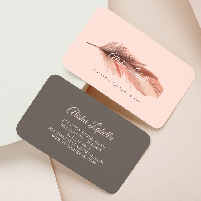 Elegant Boho Brown & Blush Pink Watercolor Feather Business Card (Creator Uploaded)