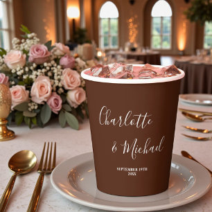 Elegant Boho Brown Script Minimalist Wedding Paper Cups